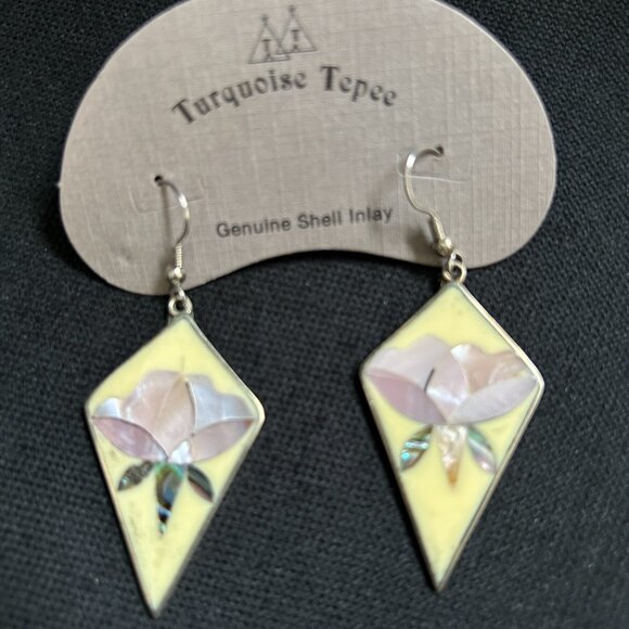 Vintage Mexico Alpaca Silver shell Inlay Abalone hook Earrings pink flowers - Picture 3 of 9